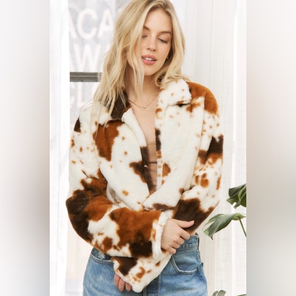 Faux Fur Cow-Print Cropped Jacket - Beige & Brown - Picture 7 of 10
